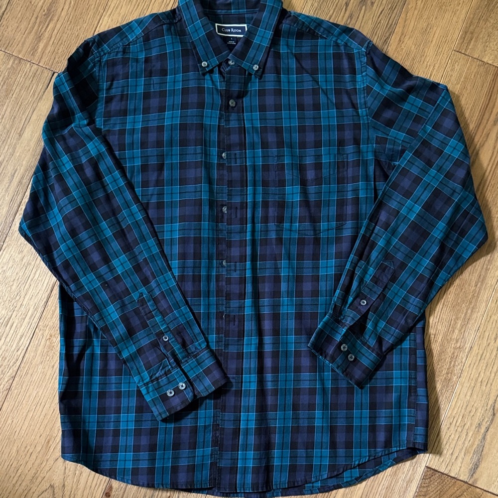 Club Room Teal and Navy Plaid Button-Down Shirt